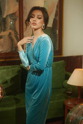 Velvet wrap midi dress with gathered waist and long sleeves for elegant evening styling